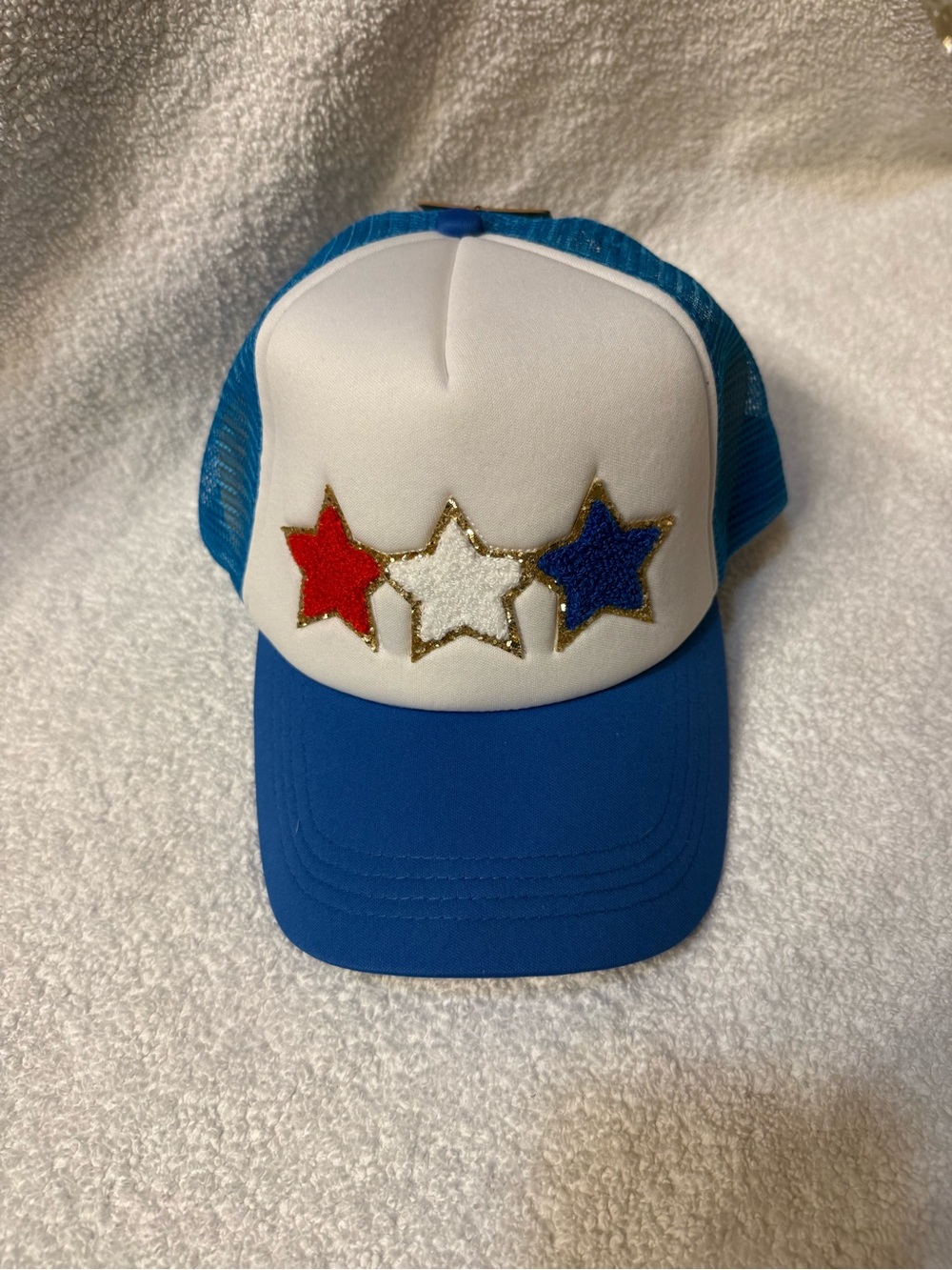 Blue Trucker Hat with Red, White, & Blue Star Patches Trimmed in Gold